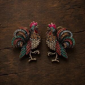 Rooster Bird Earrings VTG Museum Court Art Gold Antique Deco CZ Boho Stud Retro